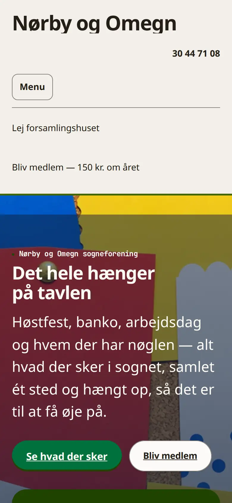Forsiden af eksempelsitet for Nørby og Omegn i temaet Forening og lokalsamfund, set på en mobil