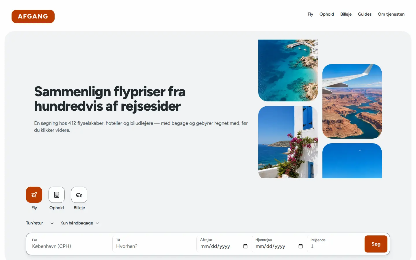 Forsiden af eksempelsitet for Afgang i temaet Sammenligning, set på en computer