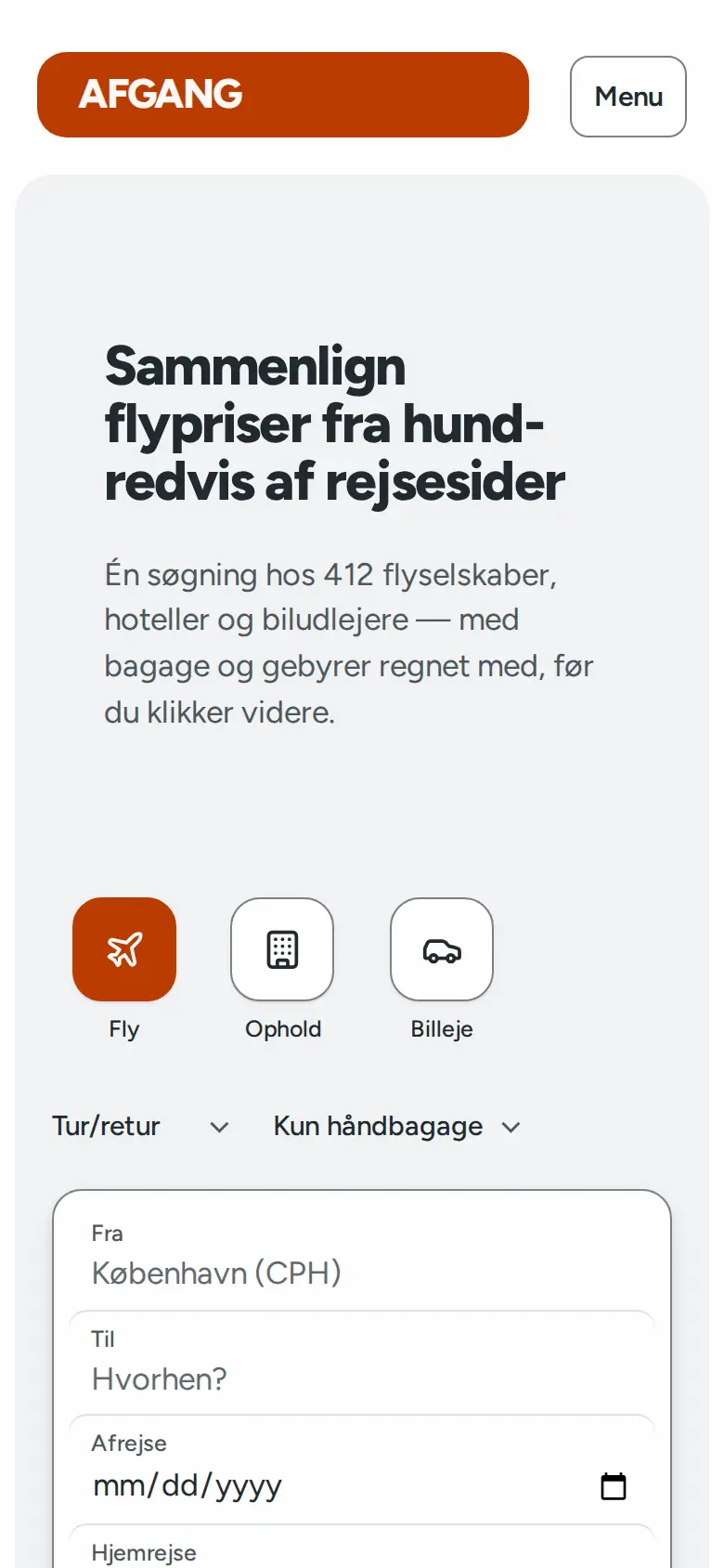 Forsiden af eksempelsitet for Afgang i temaet Sammenligning, set på en mobil