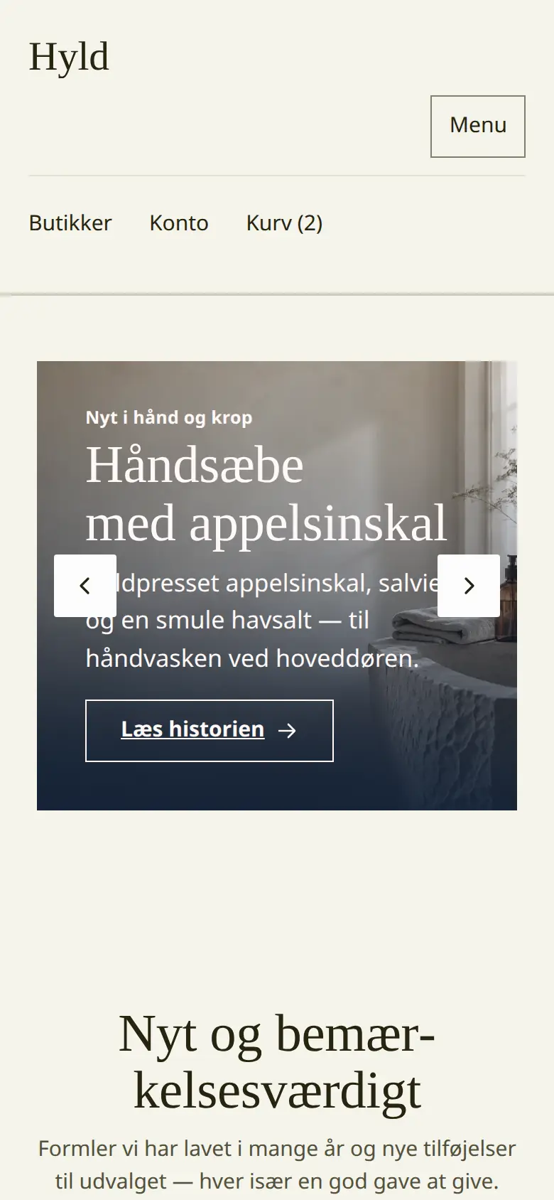 Forsiden af eksempelsitet for Hyld i temaet Kosmetik og pleje, set på en mobil