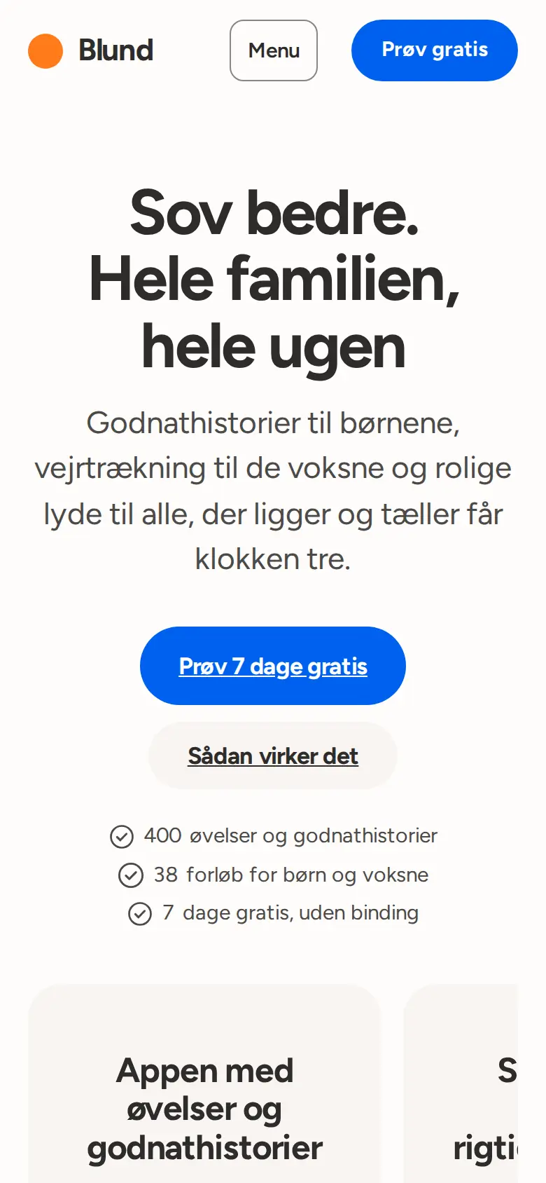 Forsiden af eksempelsitet for Blund i temaet Legende og venlig, set på en mobil