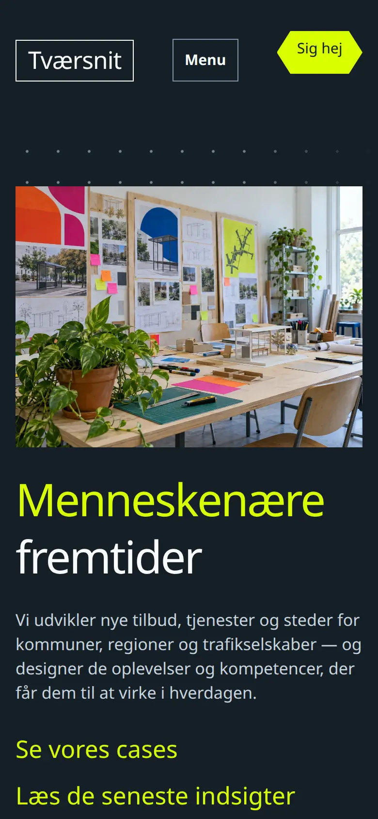 Forsiden af eksempelsitet for Tværsnit i temaet Innovation og indsigt, set på en mobil