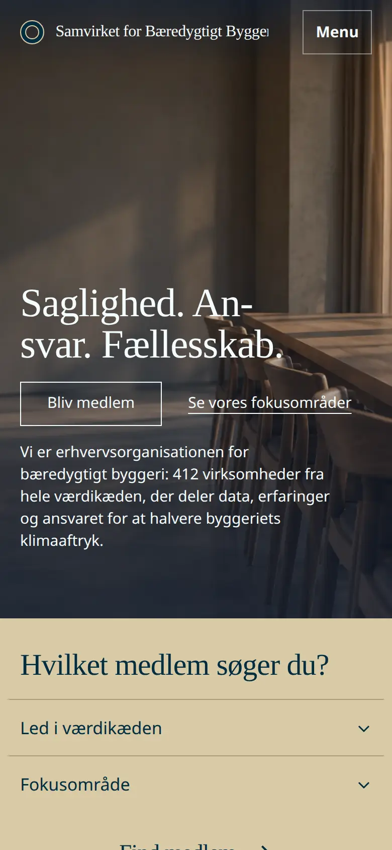Forsiden af eksempelsitet for Samvirket for Bæredygtigt Byggeri i temaet Organisation og erhverv, set på en mobil