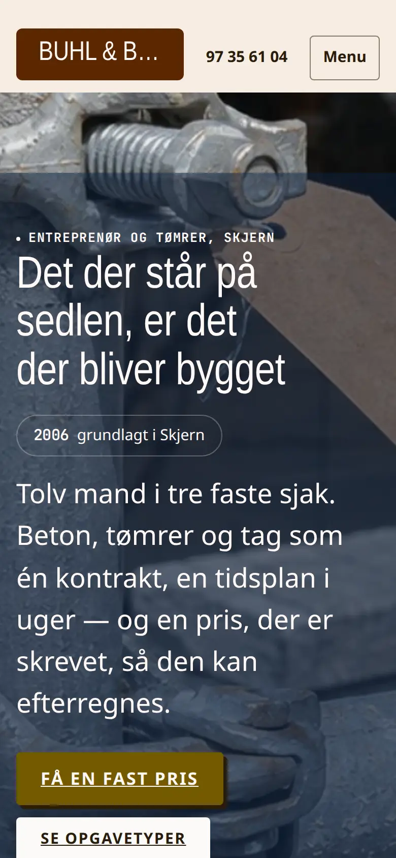 Forsiden af eksempelsitet for Buhl & Brandt Byg i temaet Håndværk og byggeri, set på en mobil