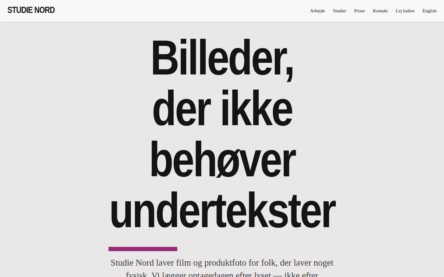 Forsiden af eksempelsitet for Studie Nord i temaet Portfolio og bureau, set på en computer