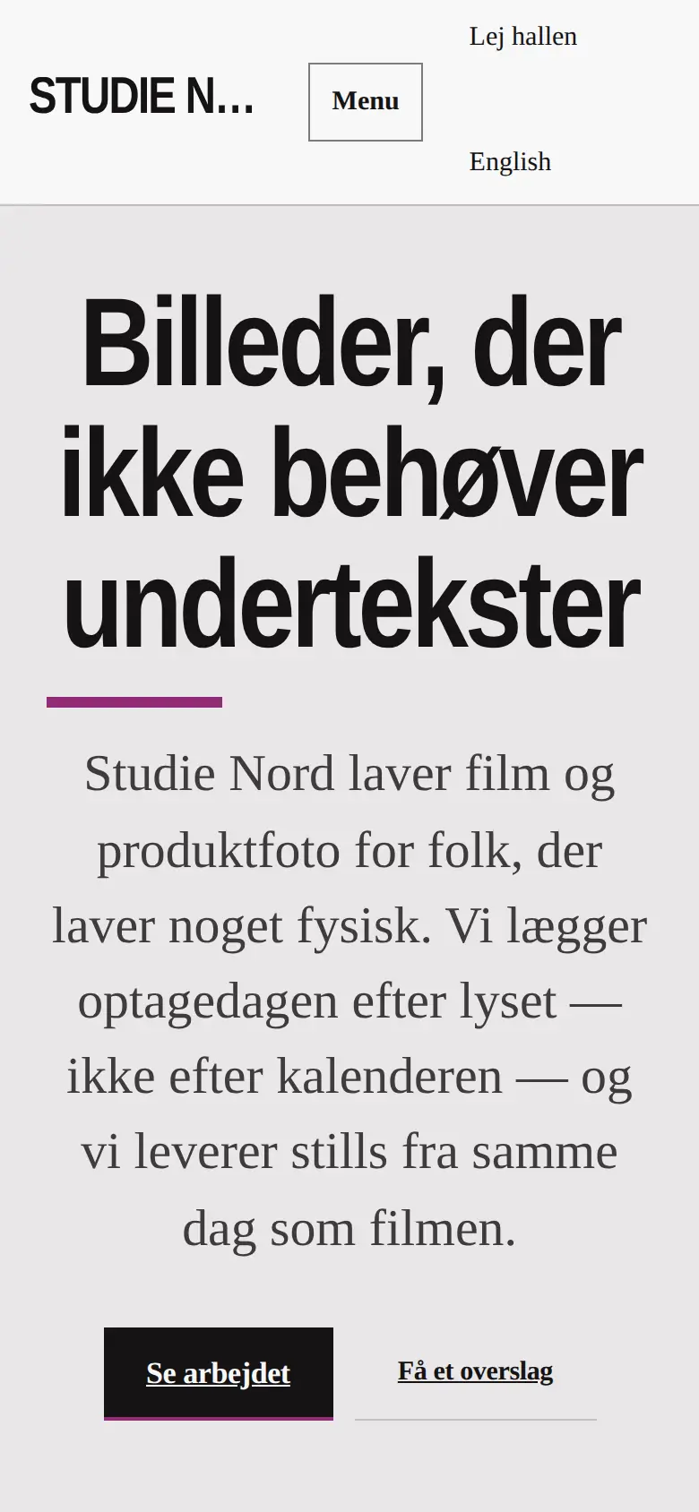 Forsiden af eksempelsitet for Studie Nord i temaet Portfolio og bureau, set på en mobil