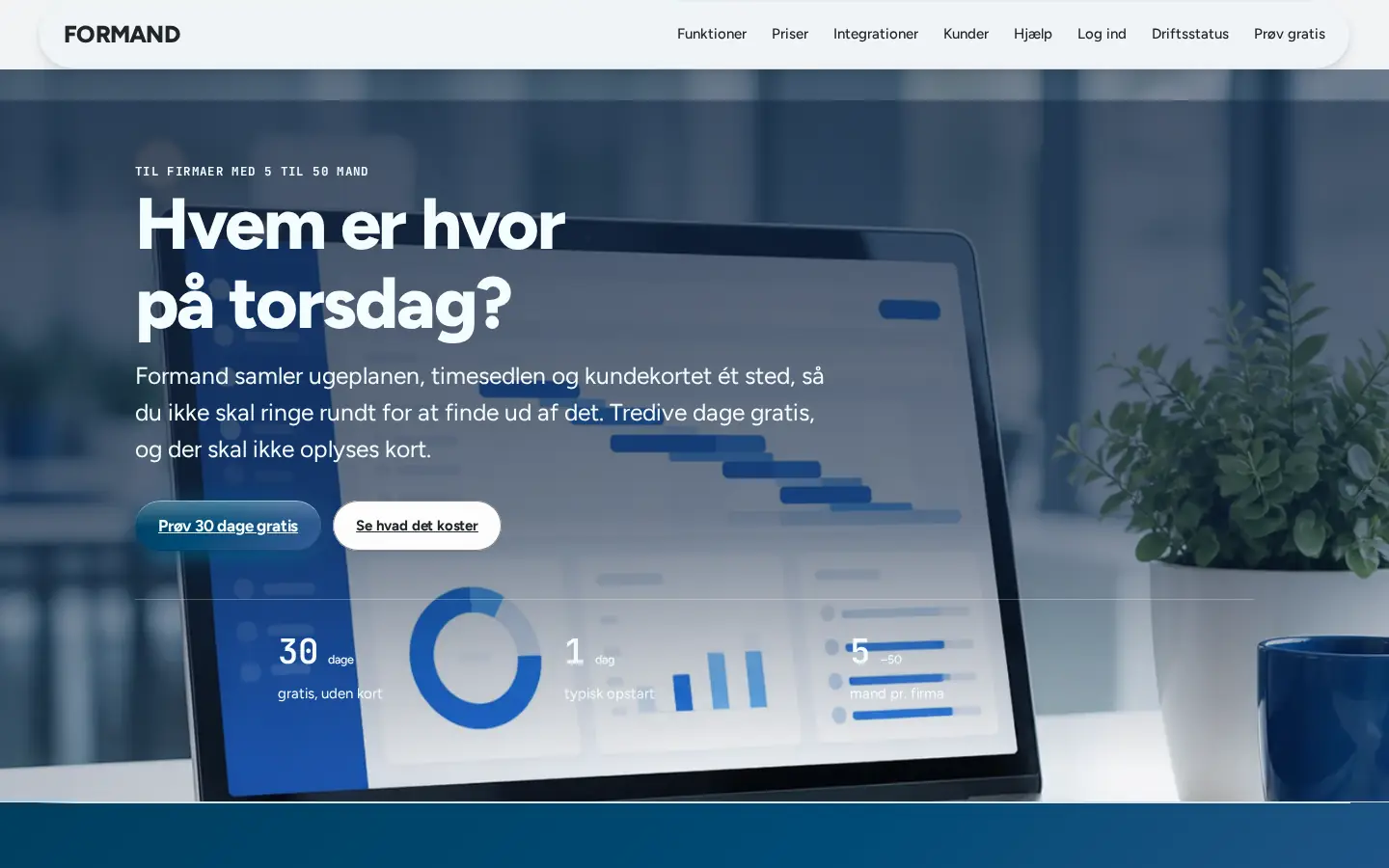Forsiden af eksempelsitet for Formand i temaet SaaS og platform, set på en computer