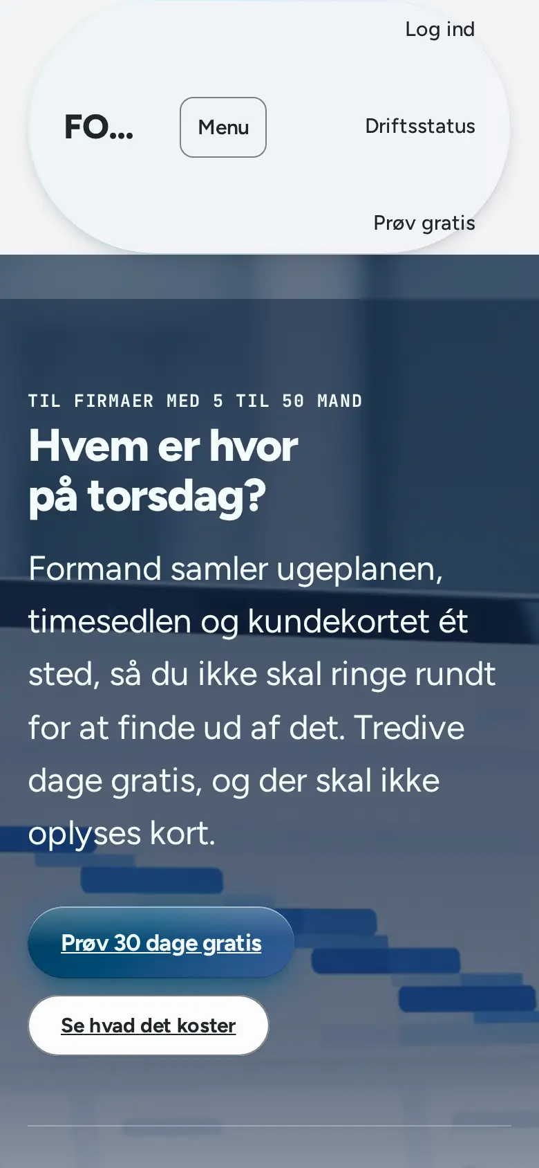 Forsiden af eksempelsitet for Formand i temaet SaaS og platform, set på en mobil
