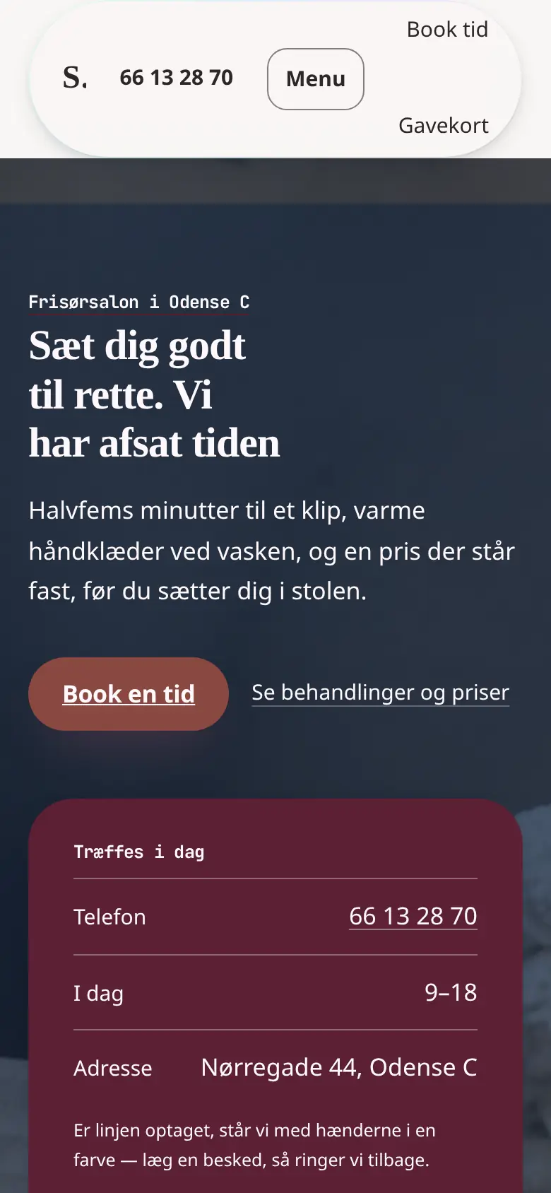 Forsiden af eksempelsitet for Salon Fem i temaet Service og salon, set på en mobil