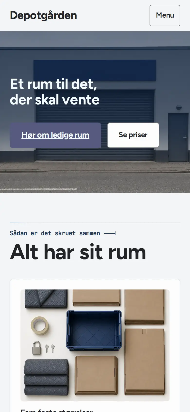 Forsiden af eksempelsitet for Depotgården i temaet Enkel, set på en mobil