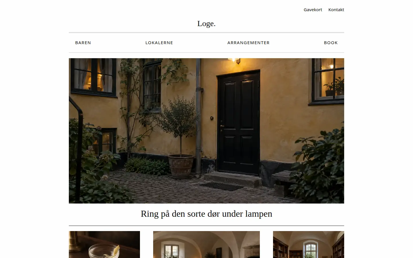 Forsiden af eksempelsitet for Loge. i temaet Bar og selskabslokaler, set på en computer
