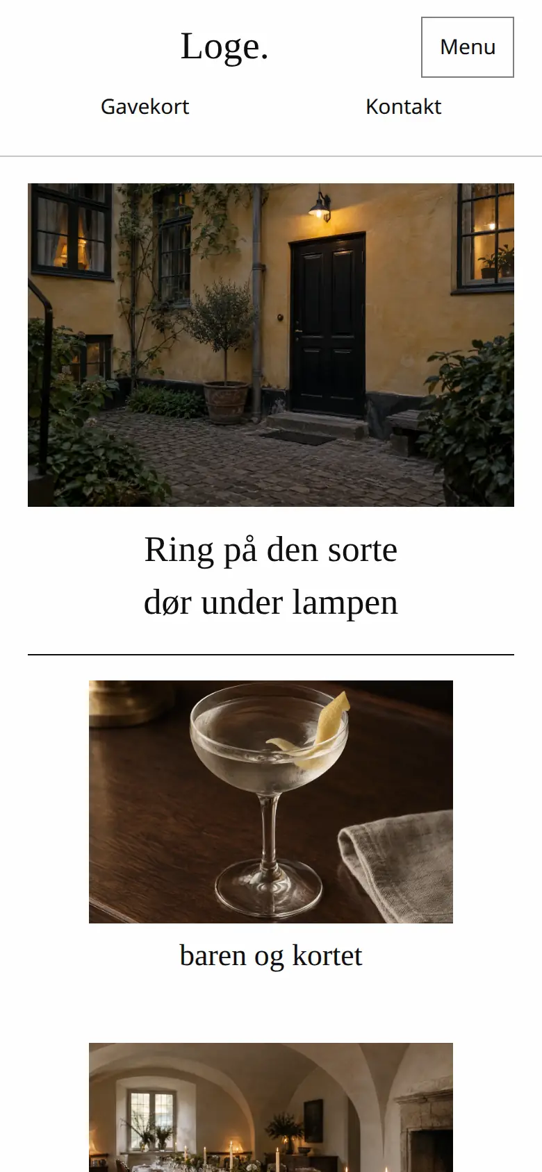 Forsiden af eksempelsitet for Loge. i temaet Bar og selskabslokaler, set på en mobil