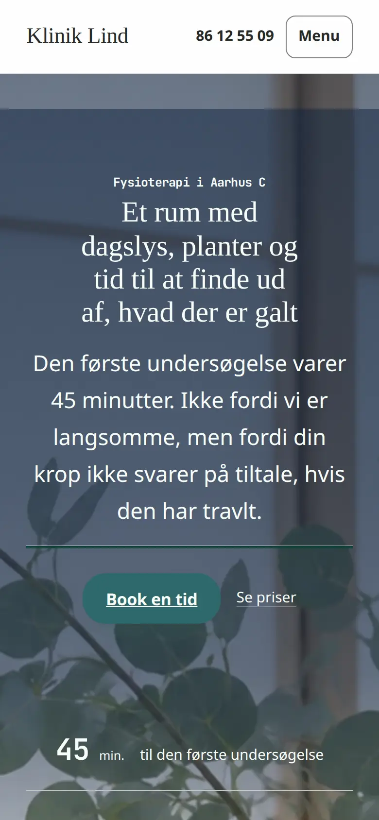 Forsiden af eksempelsitet for Klinik Lind i temaet Klinik og velvære, set på en mobil